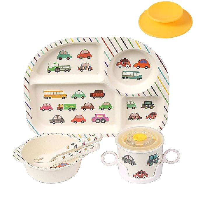 shopwithgreen 7Pcs/Set Bamboo Kids Dinnerware Set - Children Dishes - Food Plate Bowl Cup Spoon Fork Set Dishware, Cartoon Tableware, Dishwasher Safe Kids Healthy Mealtime, BPA Free