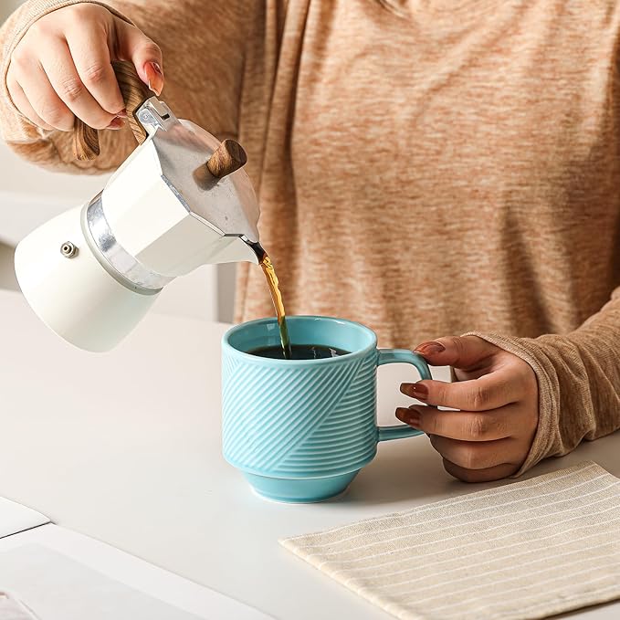 Stackable Coffee Mugs Set: 13 oz Ceramic Stacking Cups for Cappuccino Latte Tea - Microwave Safe Mug for Home & Office - 4 PCS, Turquoise