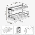 Dish Drying Rack, Double Layered countertop Kitchen Organizer with Drainage Large Bowl Rack and Storage Rack with Drainage Board, Suitable for Kitchen Bars (Silver)
