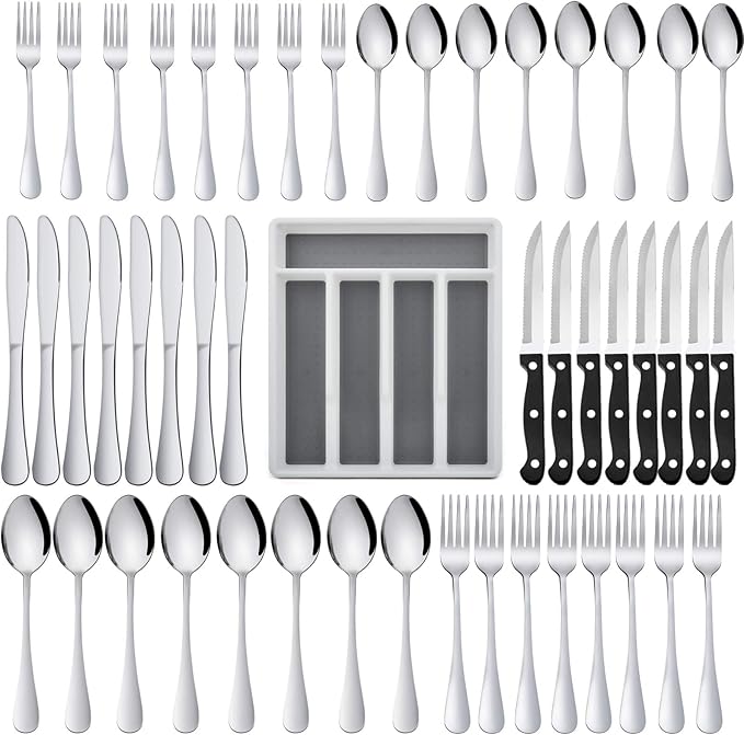 HaWare 49-Piece Silverware Set with Flatware Drawer Organizer, Stainless Steel Cutlery with 8 Steak Knives, Modern Eating Utensils Tableware Service for 8, Mirror Polished, Dishwasher Safe