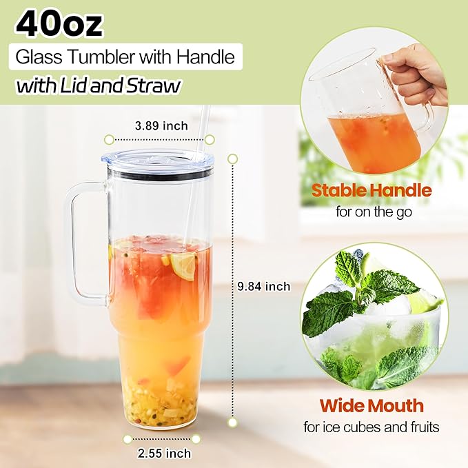 Glass Cups with Lids and Straws 40 oz Glass Tumbler with Straw and Lid 2 Pack Glass Tumbler with Handle Wide Mouth Iced Coffee Cups for Smoothies, Soda, Tea, with Acrylic Lids