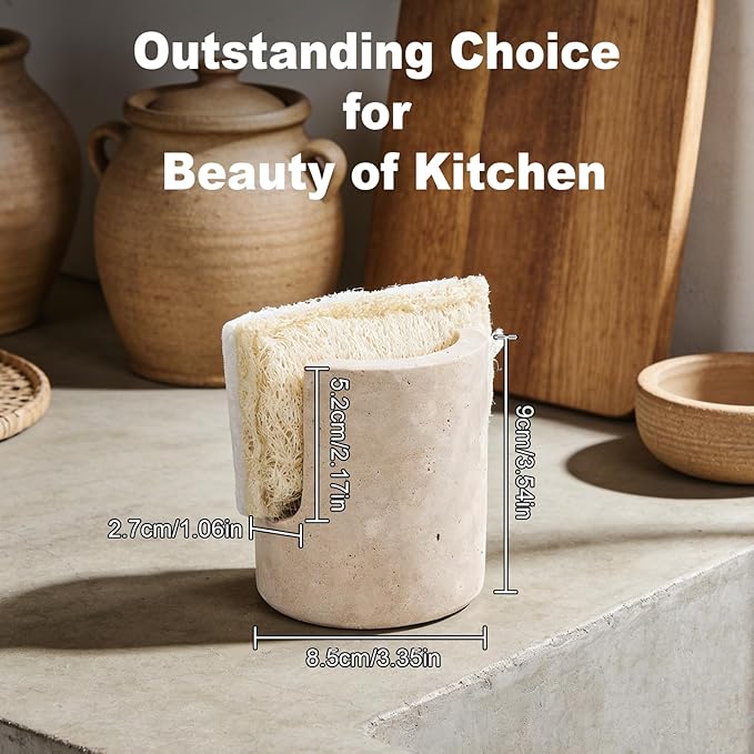 Natural Travertine Sponge Holder for Kitchen Sink Counter w A Plant-Based Kitchen Sponge, Fast Drying, Durable, Compact, Wabi-Sabi & Unique Sponge Caddy, Sink Organizer, Beige Travertine Decor