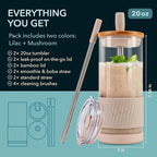 Pandaloo® Glass Cups With Lids and Straws -20 Fl Oz- Perfect Size Iced Coffee Cup - Smoothie Cup With Bamboo Lid and On the go Lid - Glass Tumbler (2 Count (Pack of 1), Lilac-Creamy Mushroom)