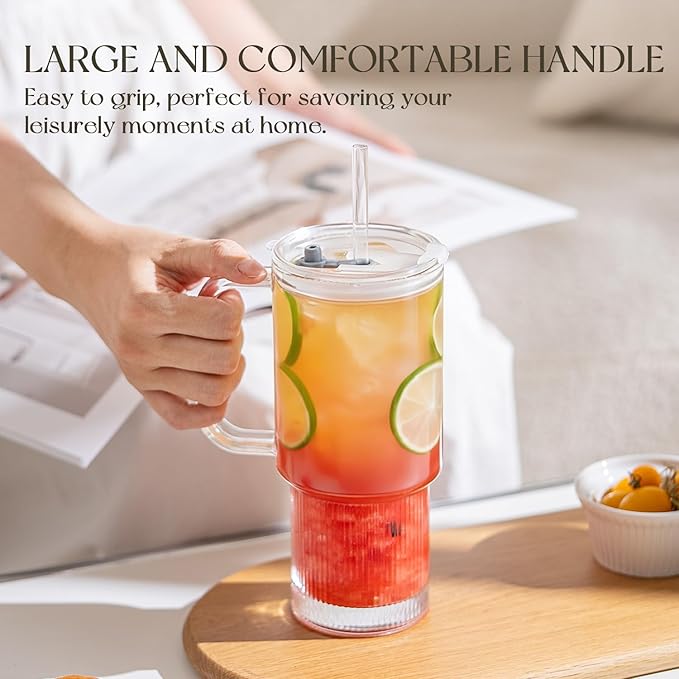 KEMORELA 26oz Ribbed Glass Mug with Handle and Lid – Large Clear Tumbler for Iced Coffee, Tea, Smoothies & Hot Drinks, Reusable Glass Cup with Straw, Dishwasher Safe, Travel Friendly