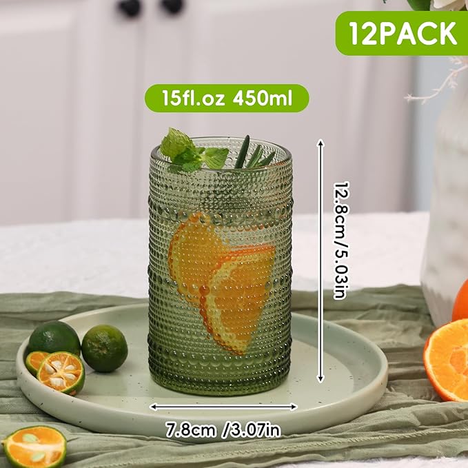 Moretoes Large Hobnail Drinking Glass Set of 12,15oz Green Vintage Glassware,Embossed Glass Cups,Water Tumbler,Highball Glasses For Beer, Juice And Various Mixed Drinks