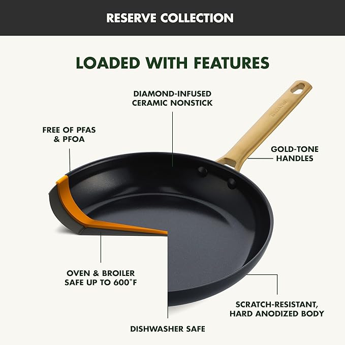 GreenPan Hard Anodized Healthy Ceramic Nonstick, 8" 10" and 12" 3 Piece Frying Pan Skillet Set, Gold Handle, PFAS-Free, Dishwasher Safe, Oven Safe, Black