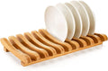 Frcctre Bamboo Dish Drying Rack, 10 Slots Bamboo Cabinet Plate Stand Dish Drainer Wooden Plate Rack Pot Lid Holder Kitchen Dish Plate Storage Organizer for Countertop Cabinet