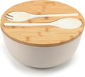 ShineMe Large Salad Bowl with Lid, Bamboo Fiber Salad Serving Bowl Set with Utensils, 9.8inches Mixing Bowl with Servers, Solid Bamboo Wooden Bowl for Candy, Salad, Fruits, Vegetables and Pasta(White)