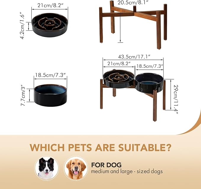 Havniva Ceramic 1.6 Cup Raised Slow Feeder Dog Bowl Set, Elevated 7.3inch Bowl and 8.2inch Dish with Acacia Wood Stand for Medium and Large Dog(Starry Sky)