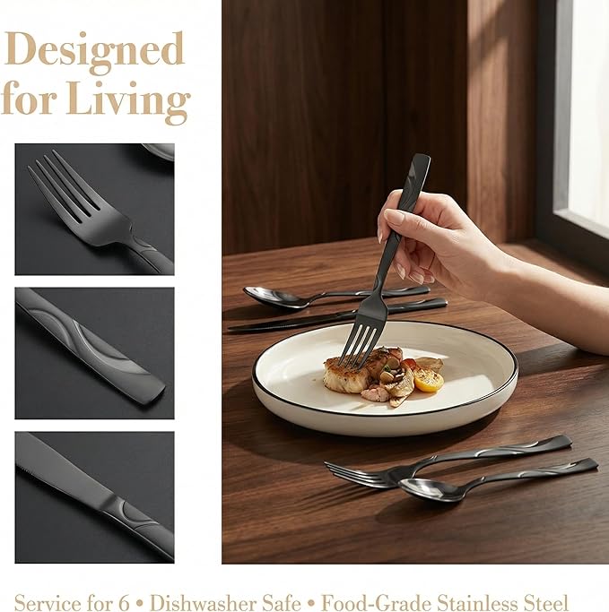 60 Pieces Black Silverware Set, Heavy Duty 430 Stainless Steel Flatware Utensils, Cutlery Set Service for 12 Including Fork Spoon and Knife, Dishwasher Safe