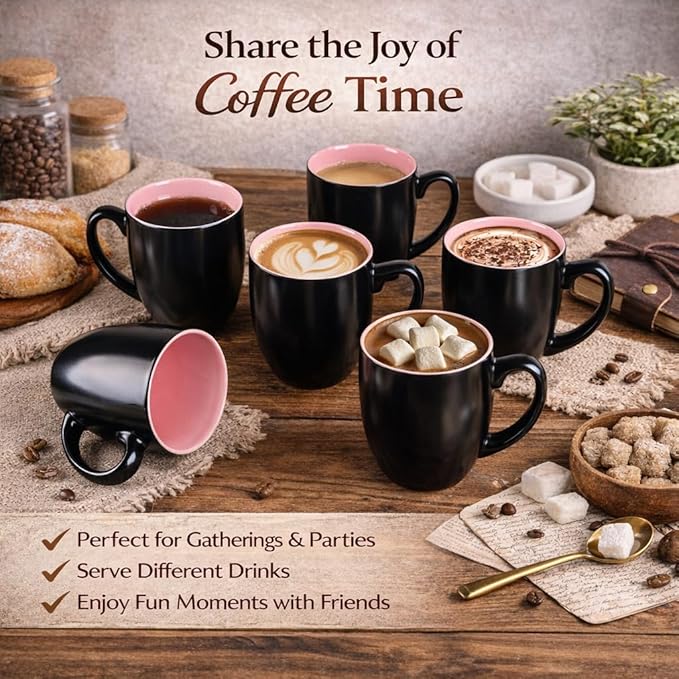 GBhome 12oz Coffee Mugs Set of 6, Large Ceramic Coffee Mugs for Man, Woman, Dad, Mom, Modern Coffee Mugs Set with handle for Tea/Latte/Cappuccino/Milk/Cocoa. Dishwasher&Microwave Safe,Pink