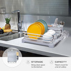 BRIAN & DANY Aluminum Dish Drying Rack, Dish Racks for Kitchen Counter, Dish Drainer with Removable Cutlery Holder & Cup Holder, 16.5" L x 11.8" W, Light Grey