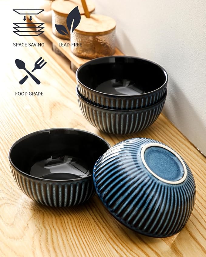 HASENSE Large Ceramic Serving Bowls 42 Oz - 7 Inch Salad Bowl Set of 4 for Kitchen,Modern Ribbed Porcelain Dishes for Entertaining,Soup,Pho,Pasta,Cereal, Noodle - Dishwasher & Microwave Safe, Blue