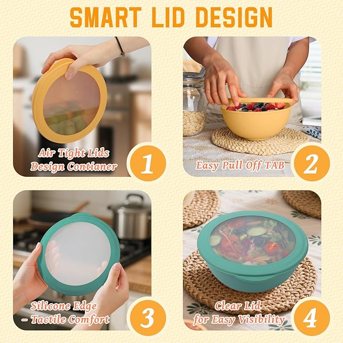 Homienly Wheat Straw Bowls with Lids Salad Bowl 40 OZ Unbreakable Cereal Bowls for Kitchen, RV, Lunch Microwave Safe Camping Bowls Dishwasher Safe Soup Bowls Reusable Food Storage Bowls Multi, 4 Sets