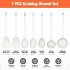 Large Silicone Utensils Set of 7 for Cooking,No Scratch for Nonstick Cookware,Pasta Server,Spaghetti Spoon,Slotted Spoon&Spatula,Solid Spoon&Spatula,Skimmer,Soup Ladle BPA Free Heat Resistant (White)