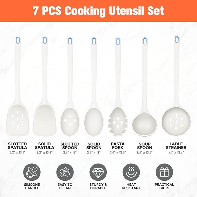Large Silicone Utensils Set of 7 for Cooking,No Scratch for Nonstick Cookware,Pasta Server,Spaghetti Spoon,Slotted Spoon&Spatula,Solid Spoon&Spatula,Skimmer,Soup Ladle BPA Free Heat Resistant (White)