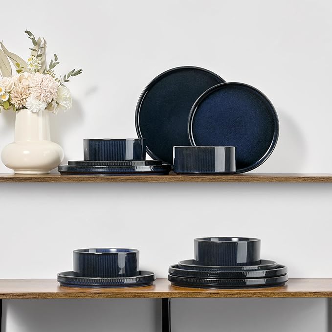 E-far 24-Piece Stoneware Dinnerware Sets, Plates and Bowls Sets for 8, Kitchen Dinning Porcelain Ribbed Dishes Set, Chip & Scratch Resistant, Dishwasher & Microwave Safe, Midnight Blue