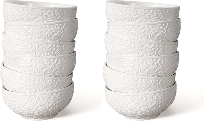 Artena Ceramic Cereal Bowls 26 OZ, Embossment Soup Bowls for Kitchen, Rice, Pasta, Salad, Breakfast, Lunch, Dinner - 6 Inch, Set of 6, White, Dishwasher & Microwave Safe, Flower (Pack of 2)