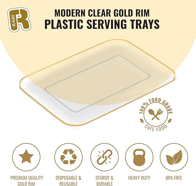 3 Pack Plastic Serving Trays for Party - Gold Serving Tray 8 x 11 Inch - Heavy Duty Dessert Trays for Food - Rectangular Party Serving Trays for Entertaining - Clear Cookie Platters