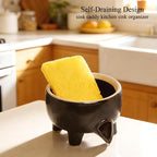Ceramic Sponge Holder with Drainage, Modern Black Sink Caddy Organizer, Sponge Dish Rack for Soap, Brushes, Keeps Countertop Dry, Kitchen Sink Accessory
