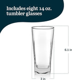 Libbey City Tumbler Glasses Set, 14.3 Oz Clear, Tall Drinking Glasses Set of 8, Thick, Square Glass Cups Set for Casual Dining and Daily Use