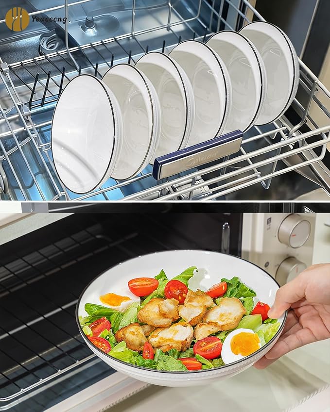 Yeacccng White Pasta Bowls Set of 6, 9.25 Inch 50 Oz Large Ceramic Soup Salad Bowls, Black Rim Minimalist Design, Lead-Free Cadmium-Free, Dishwasher Microwave Oven Safe, Scratch-Resistant