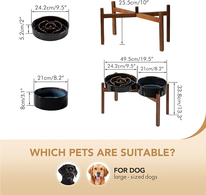 Havniva Ceramic 3.2 Cup Raised Slow Feeder Dog Bowl Set, Elevated 8.2inch Bowl and 9.5inch Dish with Acacia Wood Stand for Large Dog, Stop Bloat(2 x Starry Sky+ Stand)