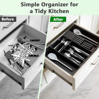9-Piece Bamboo Kitchen Drawer Organizer Set, Expandable Silverware &Utensil Organizer with Removable Knife Block & Steak Knives, Flatware Organization, Tableware Dividers Storage(Black)