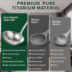 Newness Soup Ladle and Solid Turner, [Rustproof, Heat Resistance] Resilient Pure Titanium Soup Spoon and Turner with Long Ergonomic Natural Wooden Round Handle, Non-Toxic Cooking Spoon for Kitchen