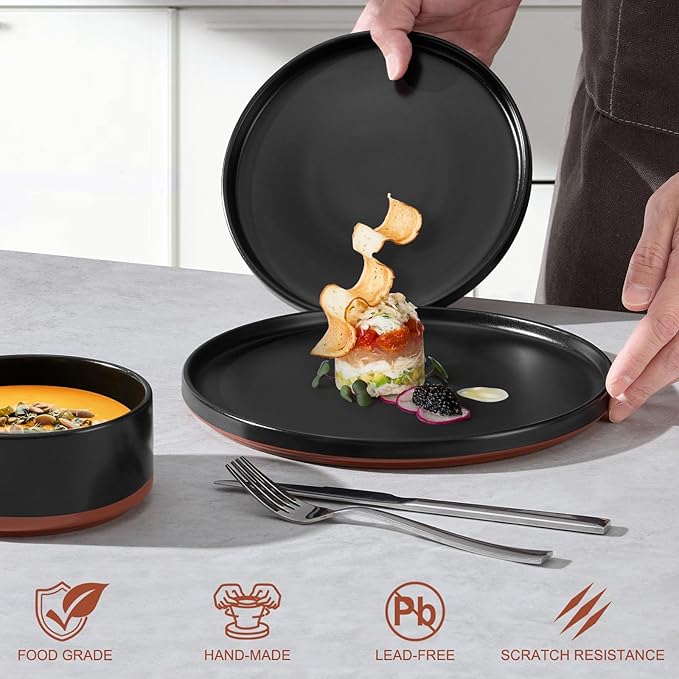 LIANYU 24 Piece Dinnerware Sets for 8, Modern Style Stoneware Dinnerware Set, Scratch Resistant, Dishwasher Safe Bowl and Plate Sets, Ceramic Dish Dinner Set, Charcoal Black