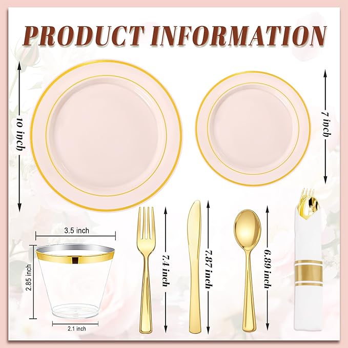 WDF Partyware 350PCS Pink Disposable Plates - Pink Plastic Plates 50Guests Plastic Dinnerware Sets with Rolled Napkins for Wedding/Birthday/Baby shower/Mother's Day