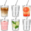 6 Pack 13oz Ribbed Glass Tumbler with Lid and Straw, Iced Coffee Cup Set, Boba Aesthetic Drinking Mug, Coffee Glasses for Matcha Smoothie Juice Tea Latte Cappuccino Cocktail