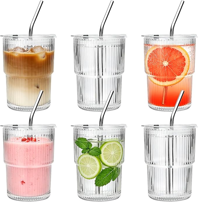 6 Pack 13oz Ribbed Glass Tumbler with Lid and Straw, Iced Coffee Cup Set, Boba Aesthetic Drinking Mug, Coffee Glasses for Matcha Smoothie Juice Tea Latte Cappuccino Cocktail