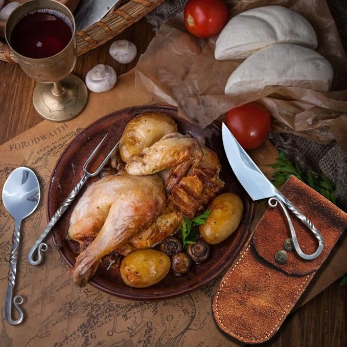 Customize Viking 3-Piece Medieval Cutlery Set, Hand Forged Feasting Set, Twisted Pattern Eating Utensils, Carbon Steel Flatware With Leather Pouch