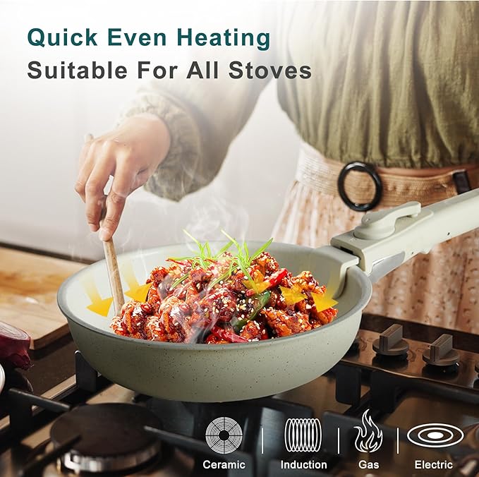 NEWBULIG 12-Piece Pots and Pans Set, Nonstick Cookware Set with Detachable Handle, Non toxic Induction Kitchen Cooking Set, Dishwasher ＆ Oven Safe, RV Friendly, Beige