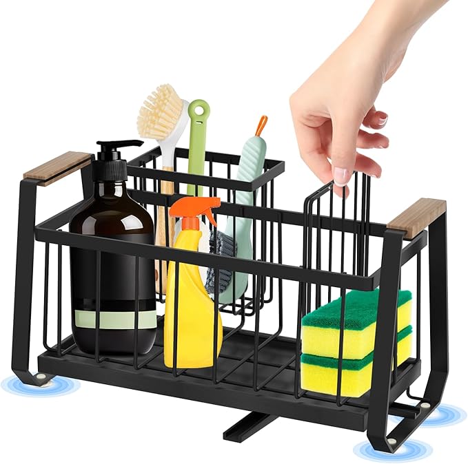 Sponge Holder for Kitchen Sink, Kitchen Sink Caddy Organizer with High Brush Holder, Rustproof Sponge Holder, Kitchen Countertop Organizers and Storage Essentials