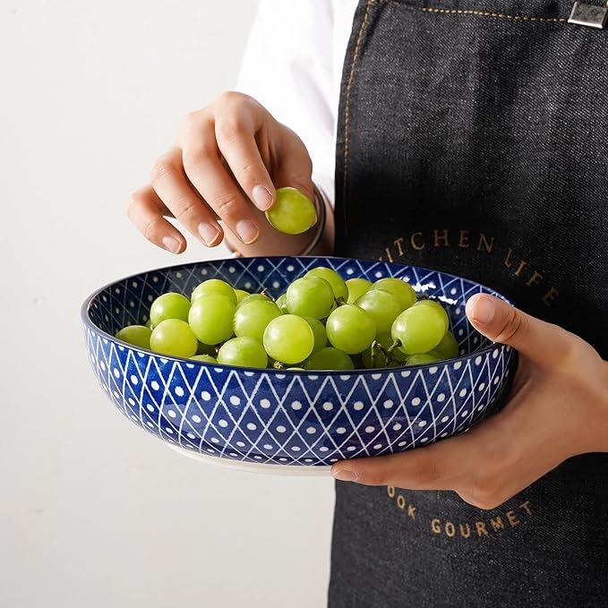 Selamica Ceramic Pasta Bowls Set of 4,Large Salad Bowls, Stackable Serving Bowls, Microwave Dishwasher Safe, 8.6 inch，50 OZ,Vintage Blue
