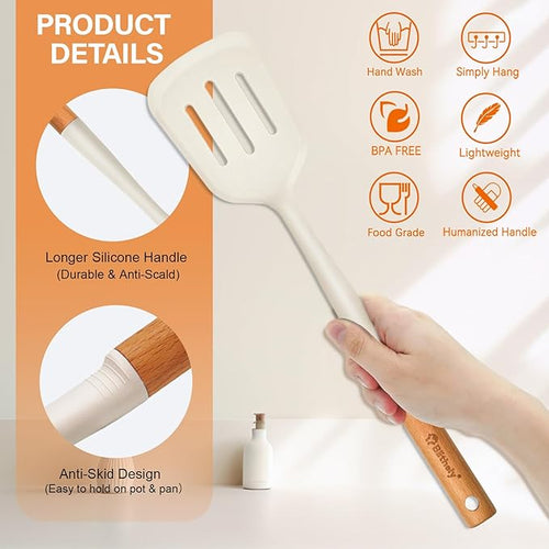 4PCS Silicone Cooking Spatula and Spoons Set, Nonstick Kitchen Utensils Set with Wood Handle, Heat Resistant Silicone Solid and Slotted Spatula Set with Turners, Serving Spoons(White)