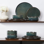 E-far Dinnerware Sets for 4, 12-Piece Stoneware Plates and Bowls Set, Ceramic Dishes Reactive Glaze Dinning Ware, Microwave & Dishwasher Safe - Obsidian Green