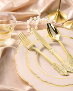 realluck 175 Piece Pink Plastic Dinnerware Set for 25 Guests Elegant Baroque Disposable Dinnerware for Weddings, Parties, 50 Plastic Plates, 25 Pre Rolled Napkins with Silverware, 25 Cups
