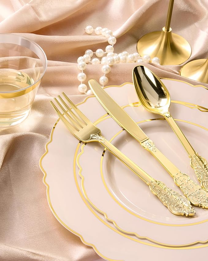 realluck 175 Piece Pink Plastic Dinnerware Set for 25 Guests Elegant Baroque Disposable Dinnerware for Weddings, Parties, 50 Plastic Plates, 25 Pre Rolled Napkins with Silverware, 25 Cups