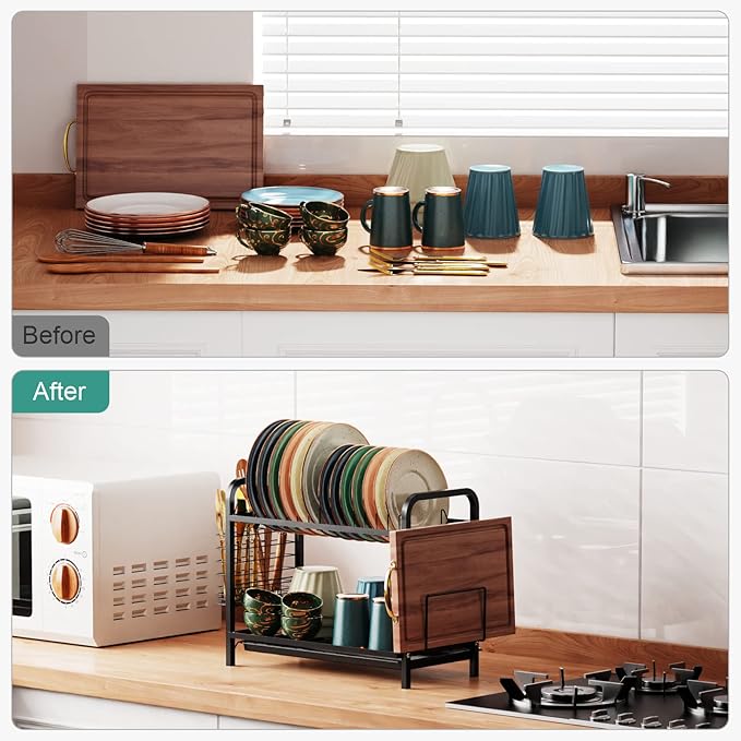 GSlife Dish Drying Rack, 2 Tier Rust-Resistant Dish Rack with Drainboard Compact Dish Drainer with Utensil Holder, Cutting Board Holder for Kitchen Counter, Black