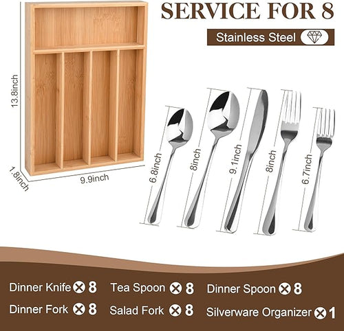 40 Piece Silverware Set with Drawer Organizer for 8, Heavy Duty Stainless Steel Flatware Cutlery Set, Fork Spoon Knife Set with Kitchen Essentials Organizer, Rust-proof, Dishwasher Safe