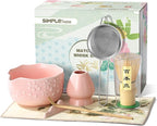 SIMPLETaste Matcha Whisk Set, 7 Pcs Ceramic Matcha Kit Includes Bowl, Whisk and Holder, Bamboo Scoop, Scoop Rest, Sifter and Tea Towel - Matcha Kit for Macha Lovers (Pink)