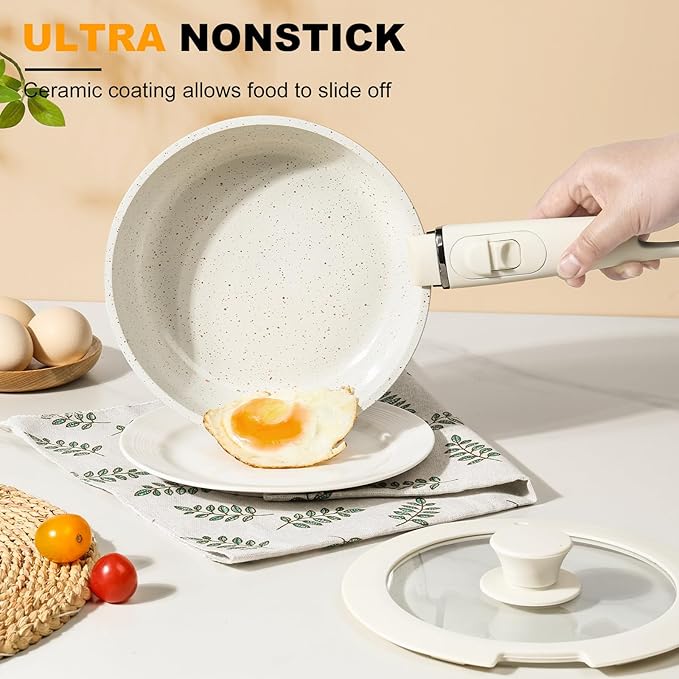 21 Pcs Pots and Pans Set Non Stick, Ceramic Cookware Set Detachable Handle, RV Kitchen Cooking Set Removable Handles, Oven Safe, Induction ReadyStackable Non-stick set Cream White