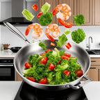 DELARLO Tri-Ply Stainless Steel Pan, 18/10 Frying Pan, Oven Safe Up to 600°F, Nontoxic Cookware, Compatible with All Cooktops Skillet, Durable, Fast Even Heat Fry Pan,Large 14.2 Inch Frying Pan