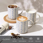 Coffee Mugs Set of 6, 17oz Ceramic Mugs with Handpainted Blue Gray Stripe Pattern, Modern Stackable Coffee Cups, Dishwasher and Microwave Safe Mugs for Home & Office