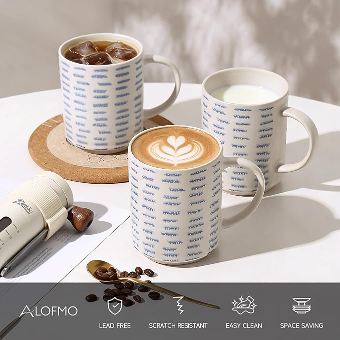 Coffee Mugs Set of 6, 17oz Ceramic Mugs with Handpainted Blue Gray Stripe Pattern, Modern Stackable Coffee Cups, Dishwasher and Microwave Safe Mugs for Home & Office