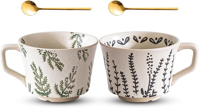 Mug Set of 2 Coffee Mugs Set 11 Ounce, Porcelain Cups for Latte, Hot Tea, Cappuccino, Cocoa, Soup, Dishwasher, Microwave Safe, Christmas Gift Set (Willow leaf & Vines)