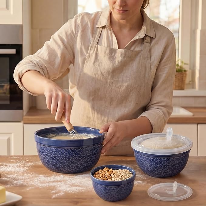 Ceramic Mixing Bowls 3-Piece: Nesting Ceramic Bowls with Lids - Microwave Safe for Kitchen Baking and Serving - Ideal for Home Bakers (Navy)